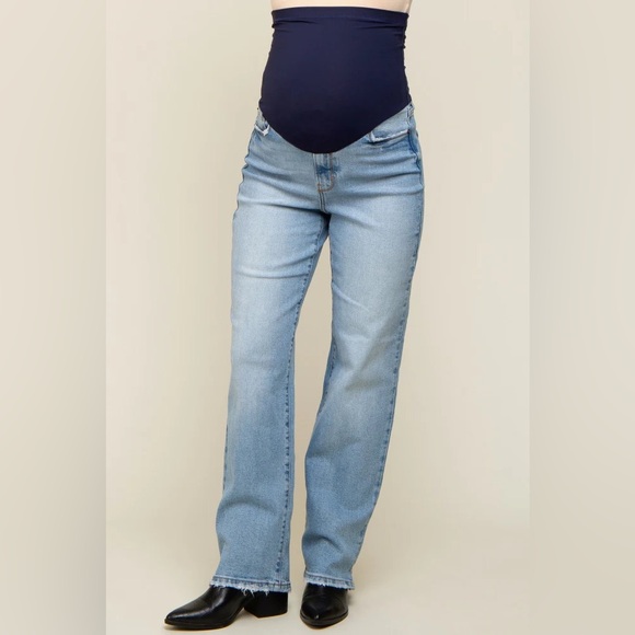 ▪️Pinkblush Light Blue Straight Leg Distressed Split Hem Maternity Jeans - Picture 5 of 12